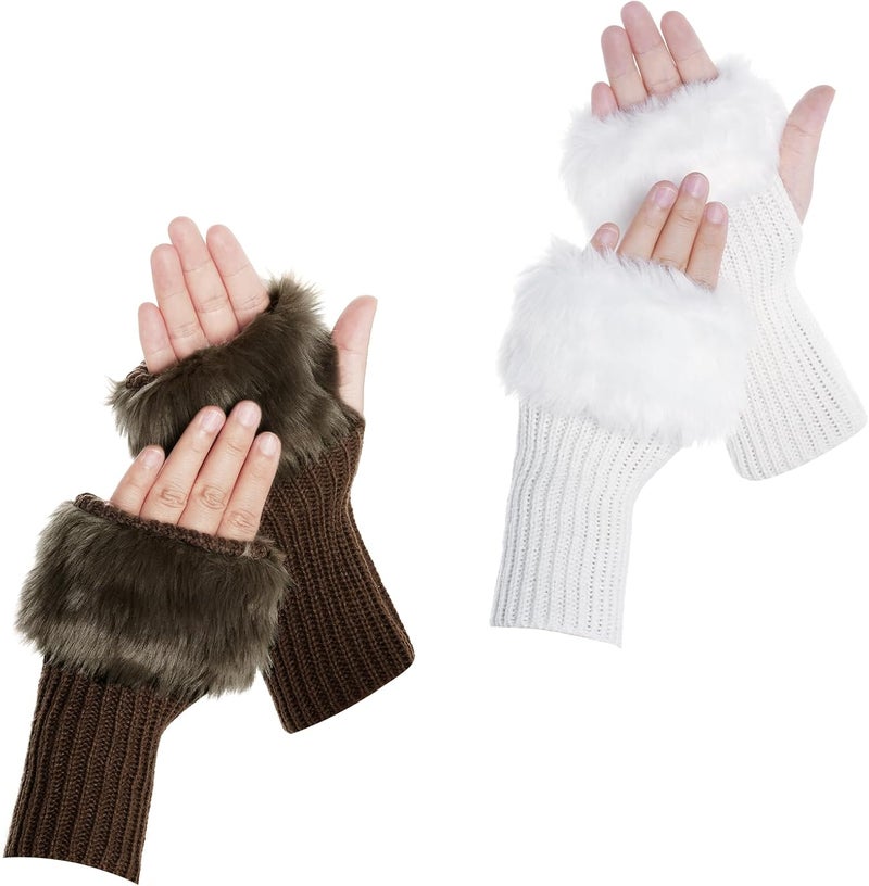 cnomg Winter Faux Fur Fingerless Gloves Faux Fur Half Finger Warmers Fingerless Gloves for Women Girls Working Writing - Image 1